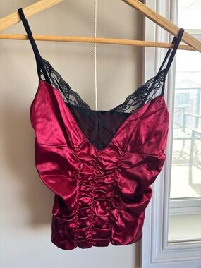 Silky Ruched Satin Cami with Black Lace Trim - Burgundy